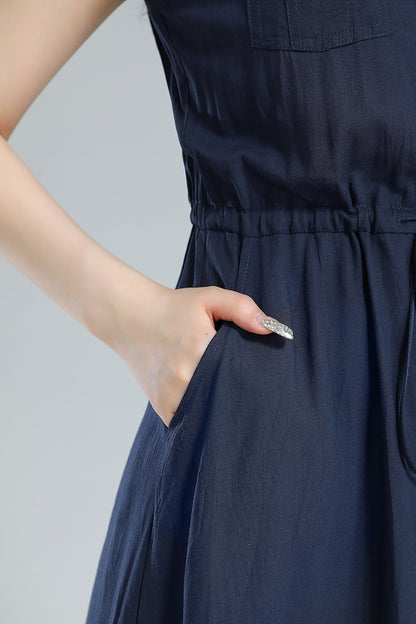 Blue Linen Midi Shirt Dress - Sleeveless with Drawstring Waist 3619