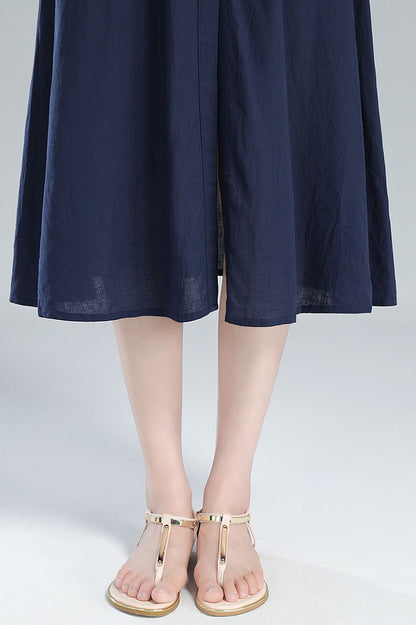 Blue Linen Midi Shirt Dress - Sleeveless with Drawstring Waist 3619