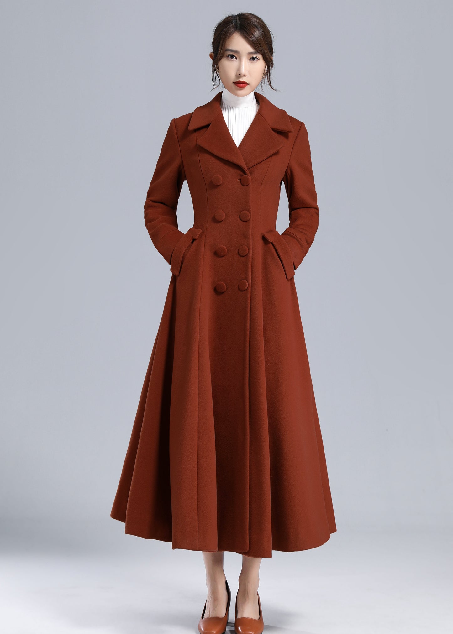 Rust Red Wool Maxi Coat – Statement Double Breasted Swing Overcoat 5495