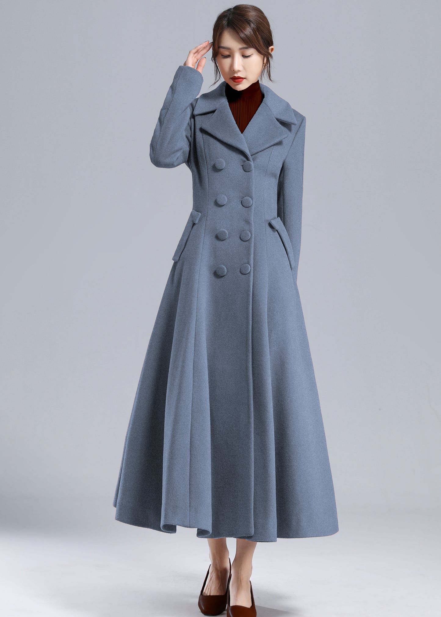 Blue Wool Long Coat - Fit and Flare Double Breasted 5496