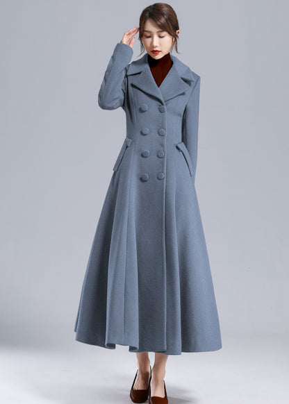 Blue Wool Long Coat - Fit and Flare Double Breasted 5496
