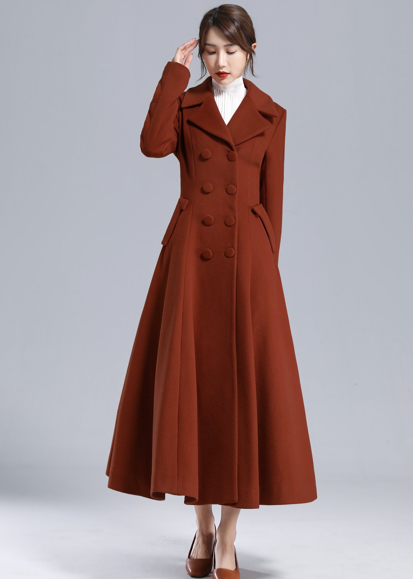 Rust Red Wool Maxi Coat – Statement Double Breasted Swing Overcoat 5495