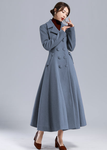 Blue Wool Long Coat - Fit and Flare Double Breasted 5496