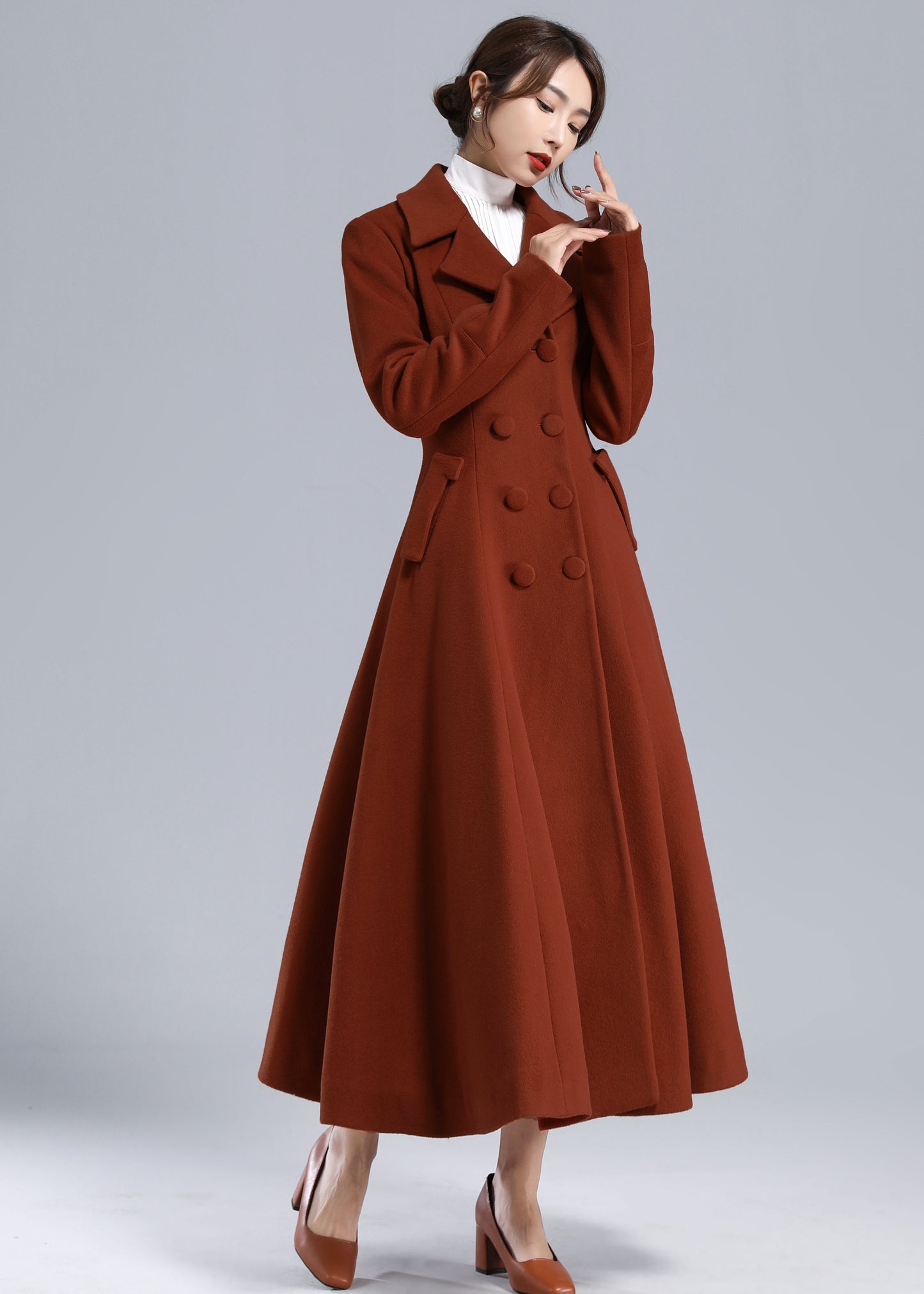 Rust Red Wool Maxi Coat – Statement Double Breasted Swing Overcoat 5495