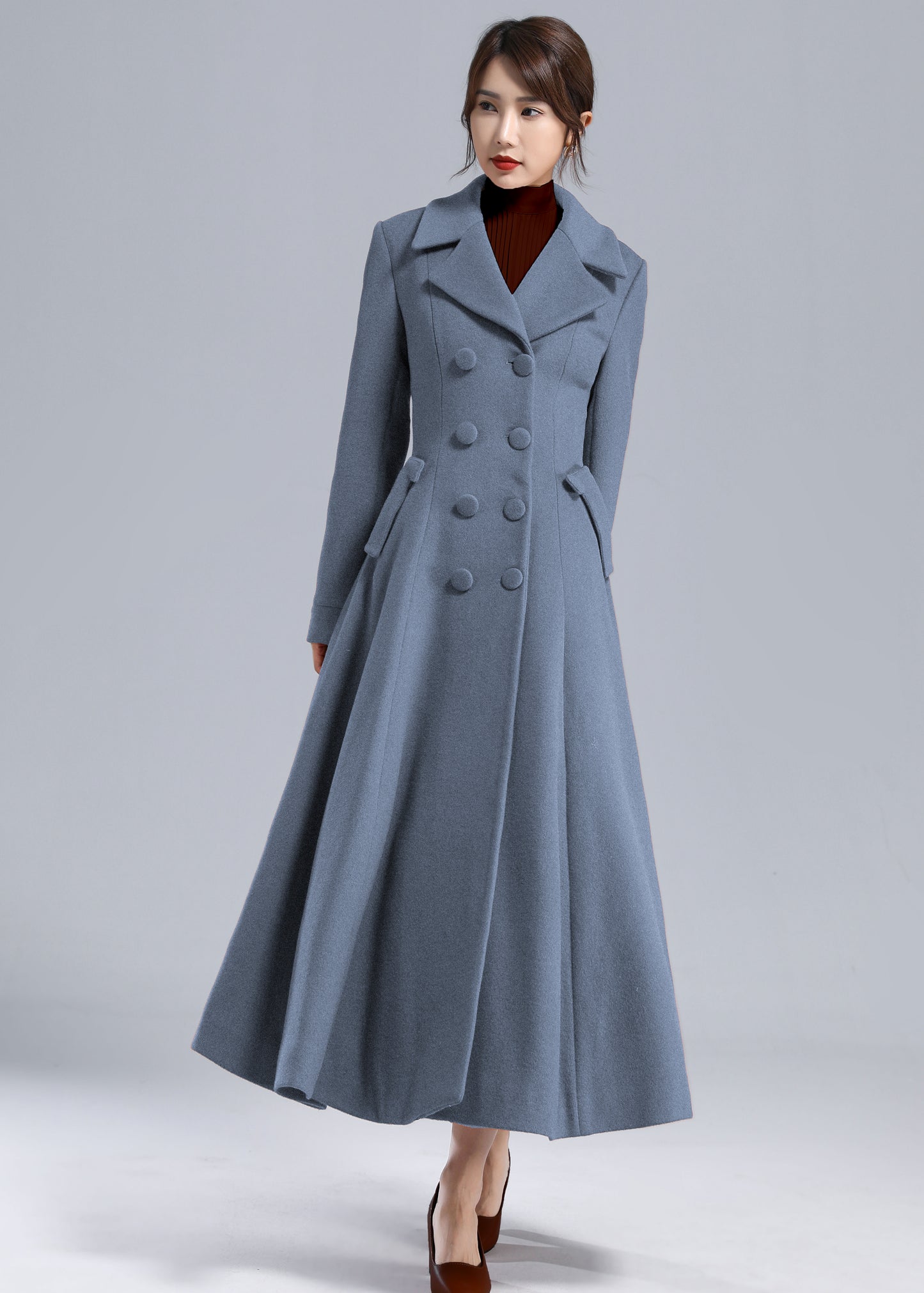 Blue Wool Long Coat - Fit and Flare Double Breasted 5496