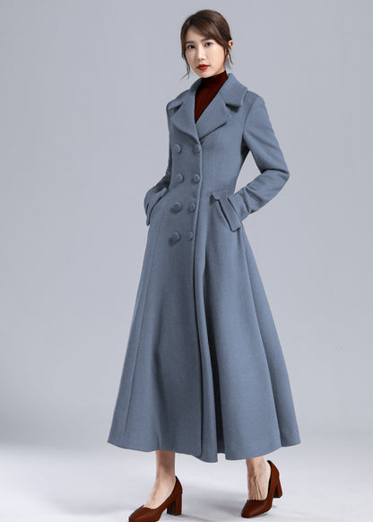 Blue Wool Long Coat - Fit and Flare Double Breasted 5496