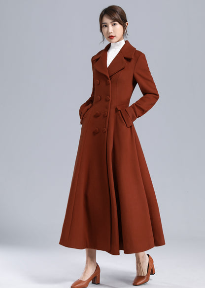 Rust Red Wool Maxi Coat – Statement Double Breasted Swing Overcoat 5495