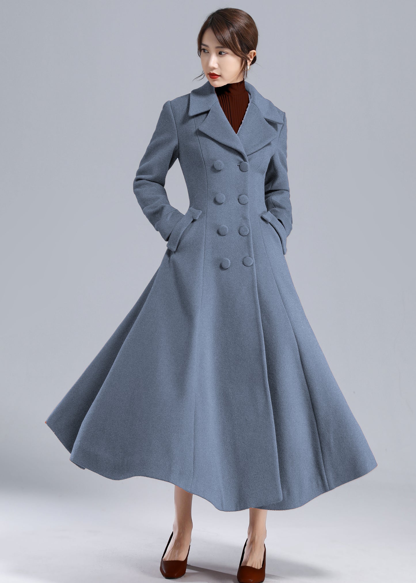 Blue Wool Long Coat - Fit and Flare Double Breasted 5496