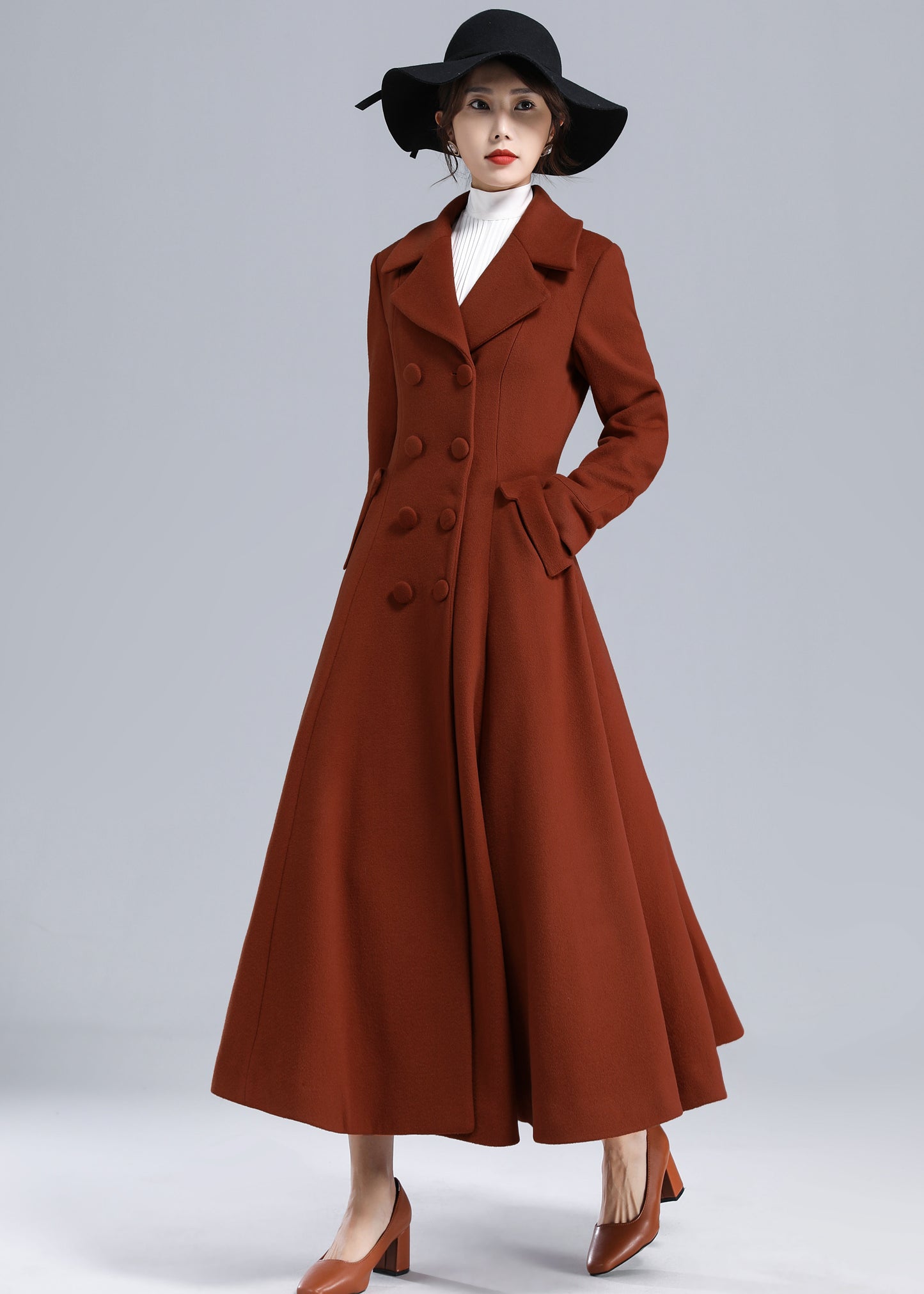 Rust Red Wool Maxi Coat – Statement Double Breasted Swing Overcoat 5495
