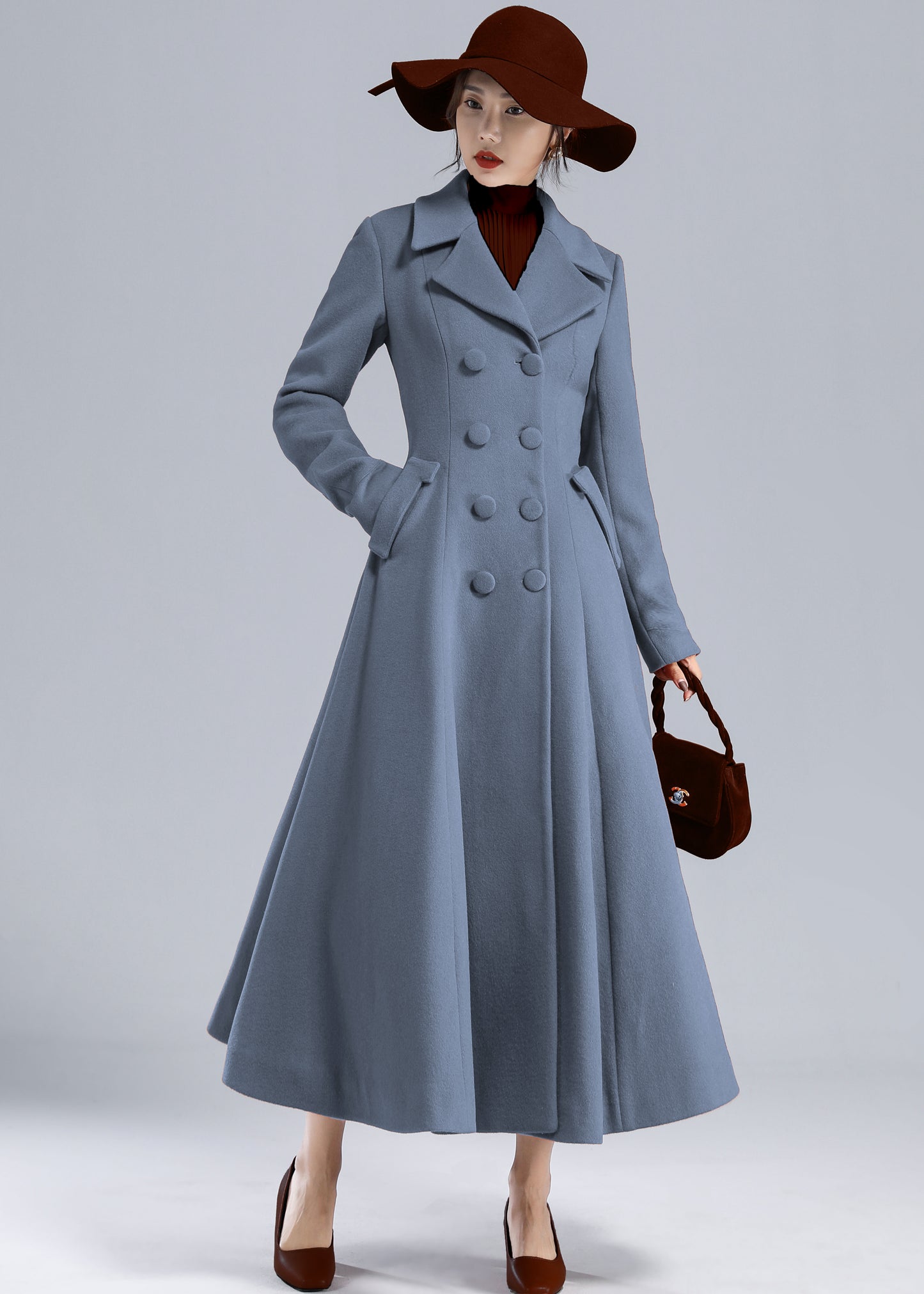 Blue Wool Long Coat - Fit and Flare Double Breasted 5496