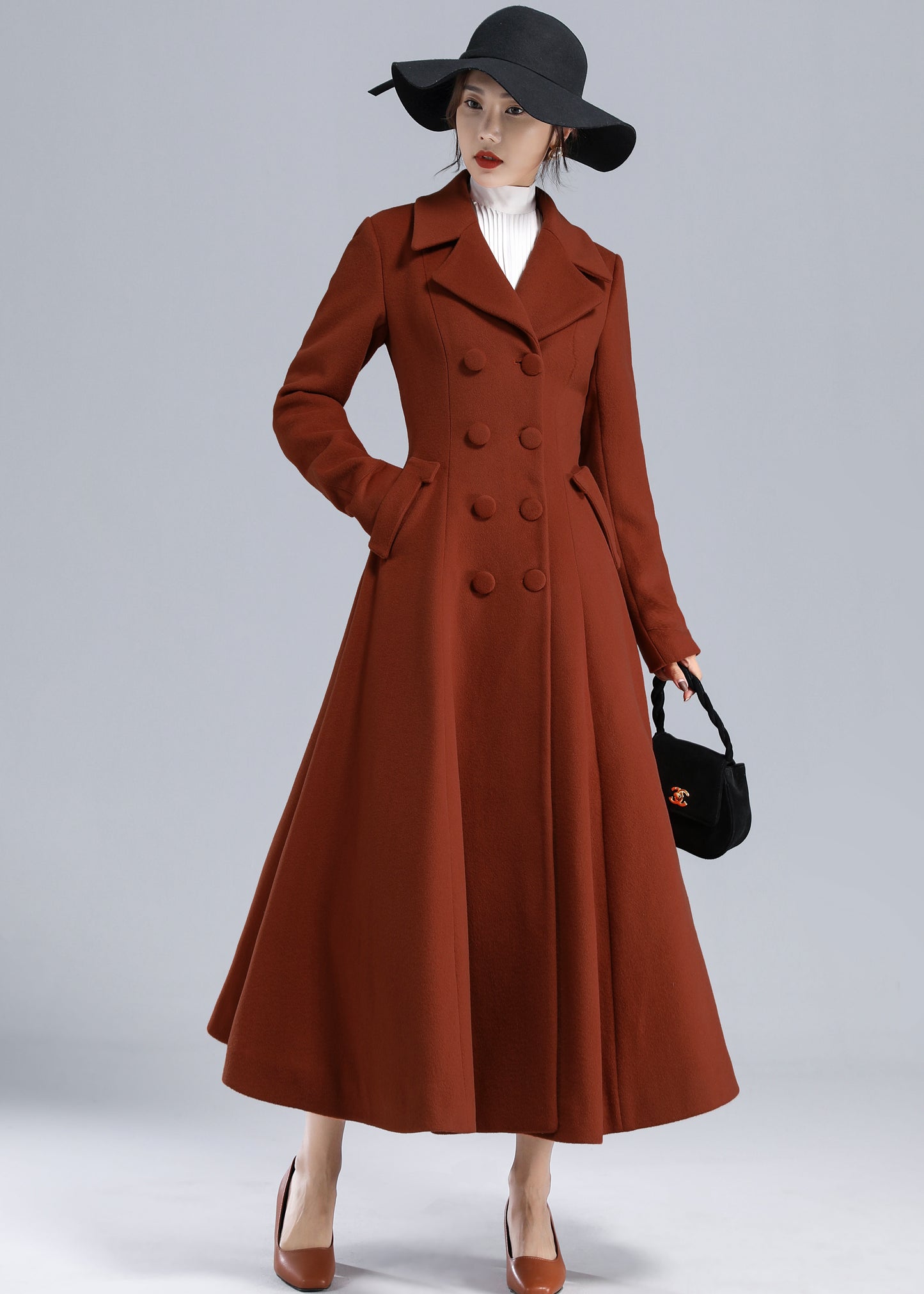 Rust Red Wool Maxi Coat – Statement Double Breasted Swing Overcoat 5495