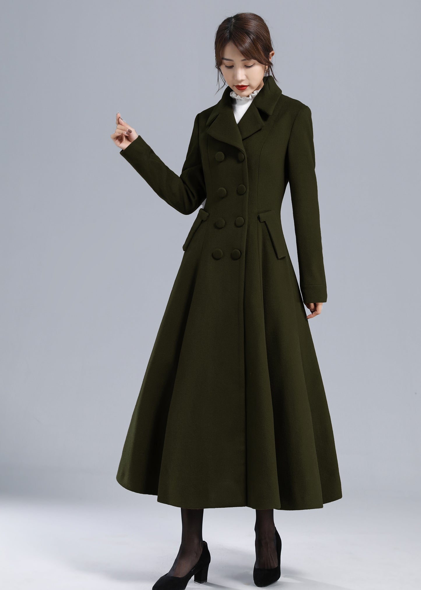 Forest Green Wool Maxi Coat – Vintage Fit and Flare Double Breasted Overcoat 5497