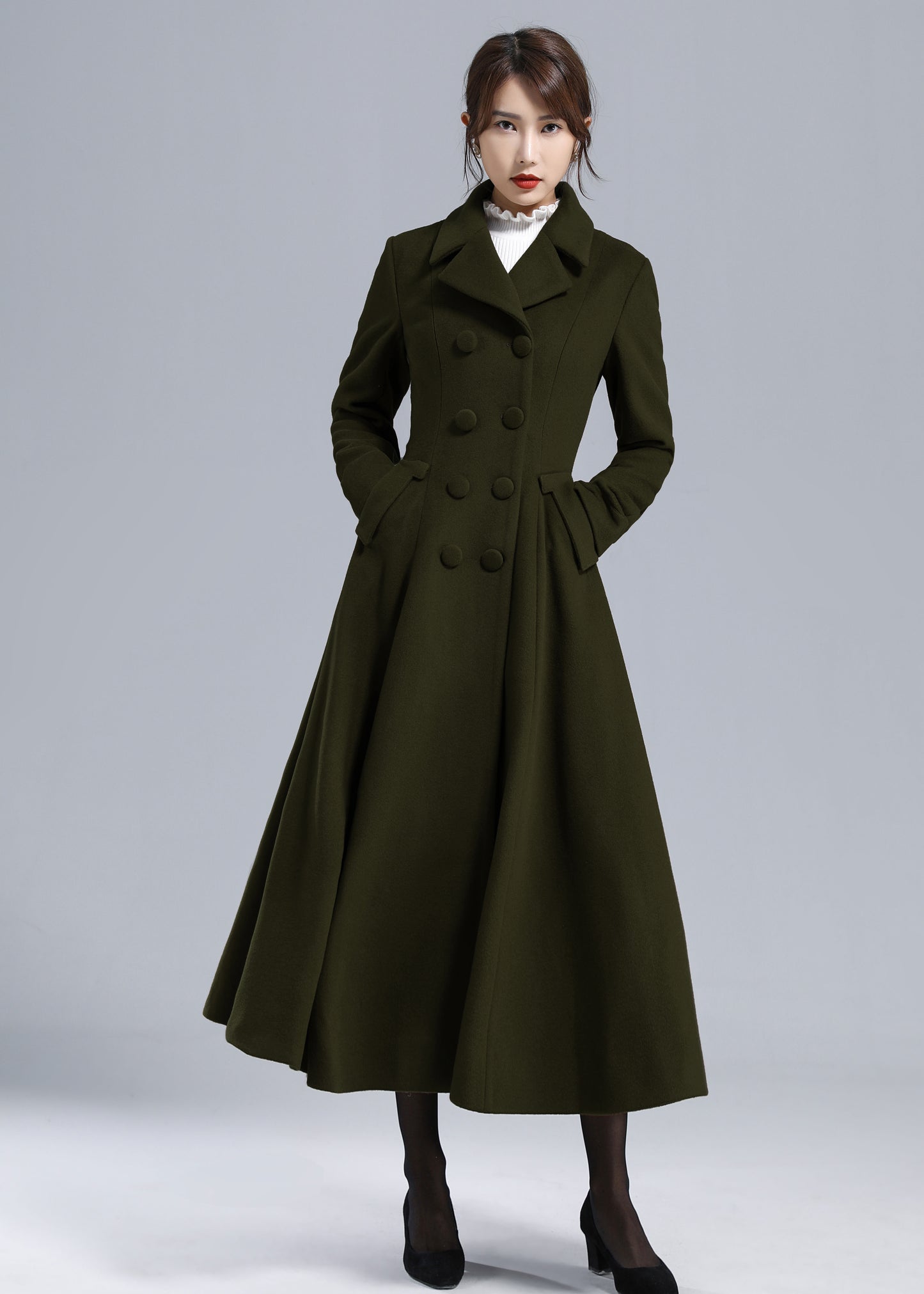 Forest Green Wool Maxi Coat – Vintage Fit and Flare Double Breasted Overcoat 5497