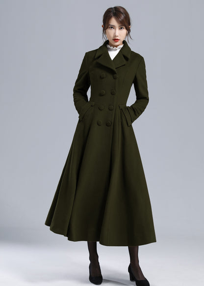 Forest Green Wool Maxi Coat – Vintage Fit and Flare Double Breasted Overcoat 5497