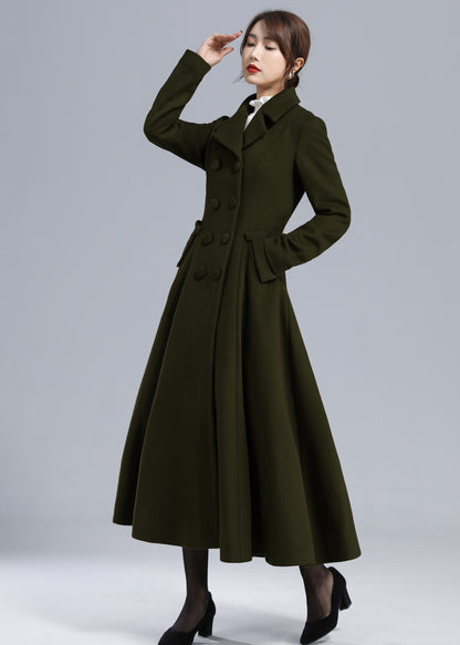 Forest Green Wool Maxi Coat – Vintage Fit and Flare Double Breasted Overcoat 5497