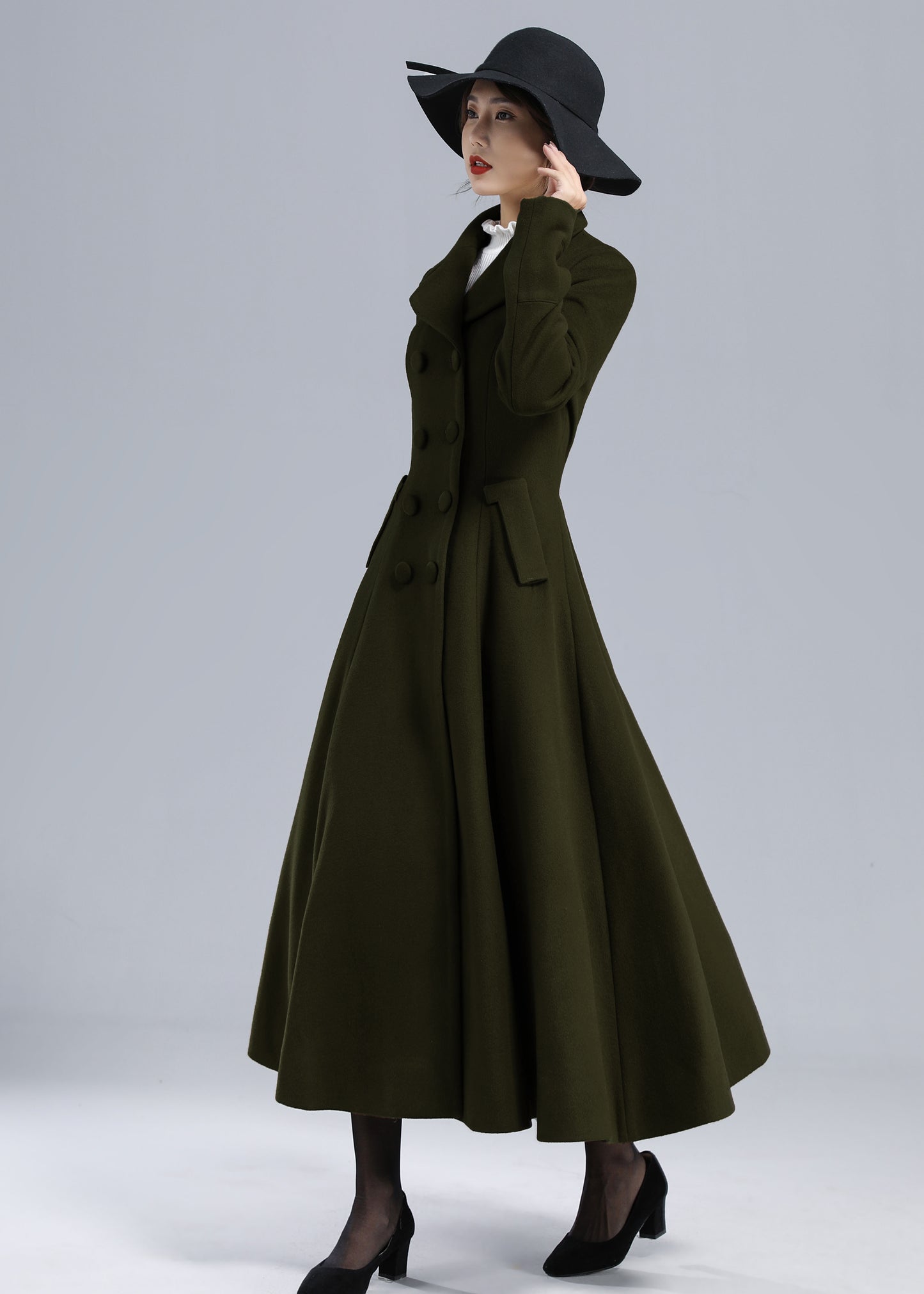 Forest Green Wool Maxi Coat – Vintage Fit and Flare Double Breasted Overcoat 5497
