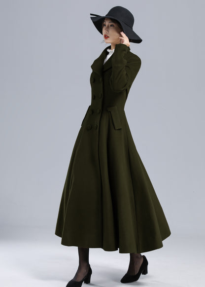 Forest Green Wool Maxi Coat – Vintage Fit and Flare Double Breasted Overcoat 5497