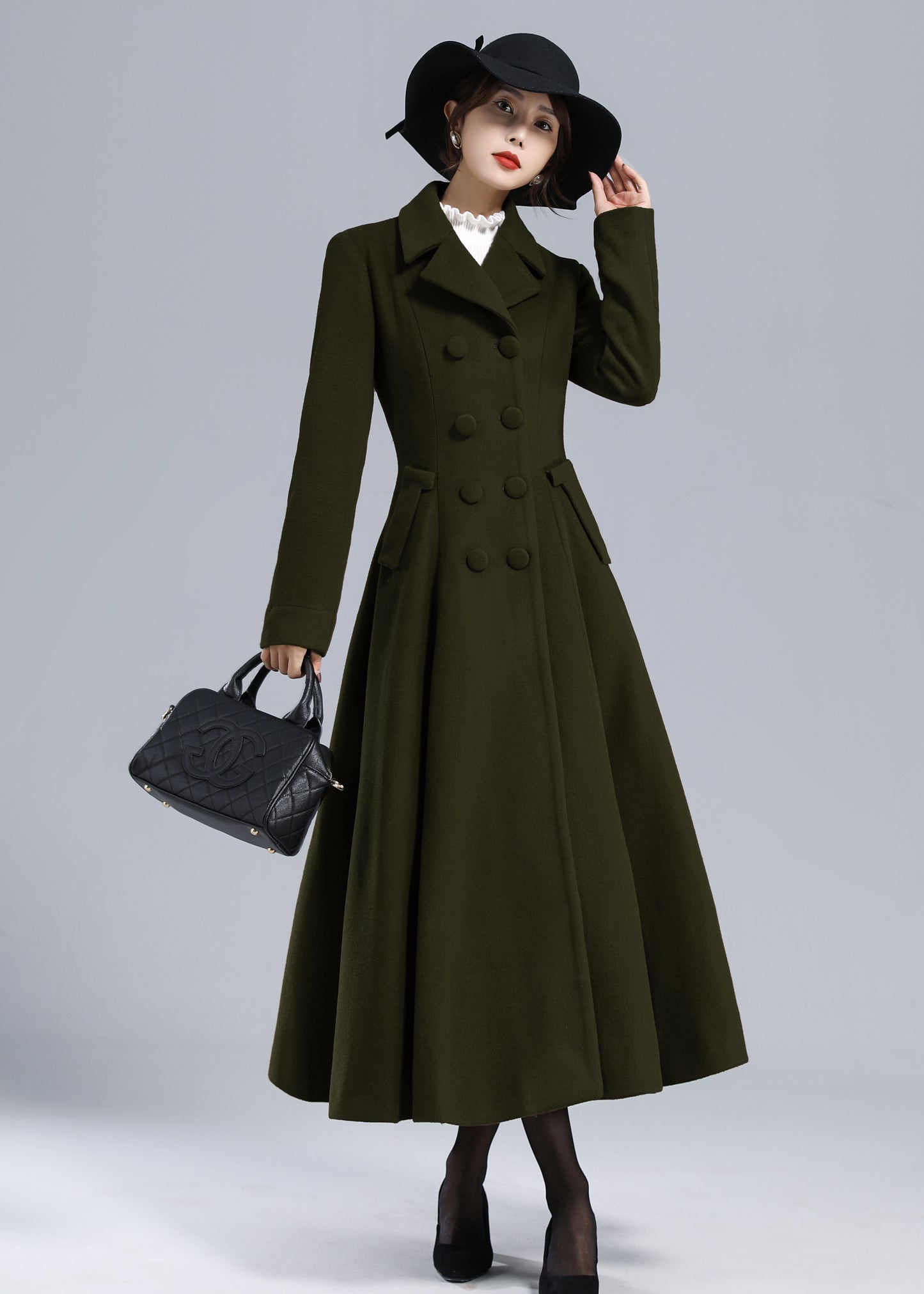 Forest Green Wool Maxi Coat – Vintage Fit and Flare Double Breasted Overcoat 5497