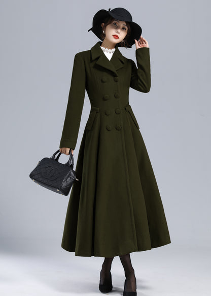 Forest Green Wool Maxi Coat – Vintage Fit and Flare Double Breasted Overcoat 5497