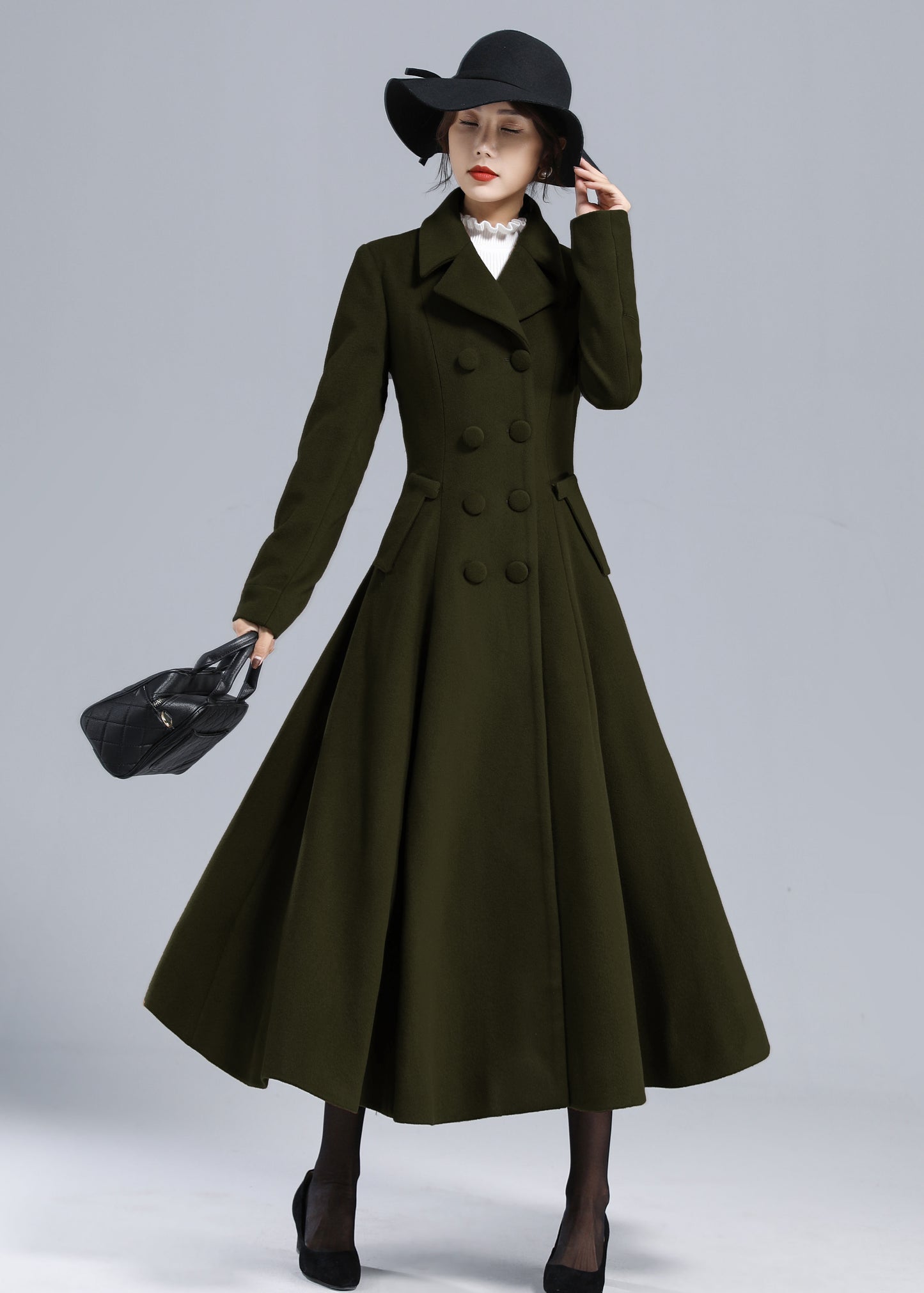 Forest Green Wool Maxi Coat – Vintage Fit and Flare Double Breasted Overcoat 5497