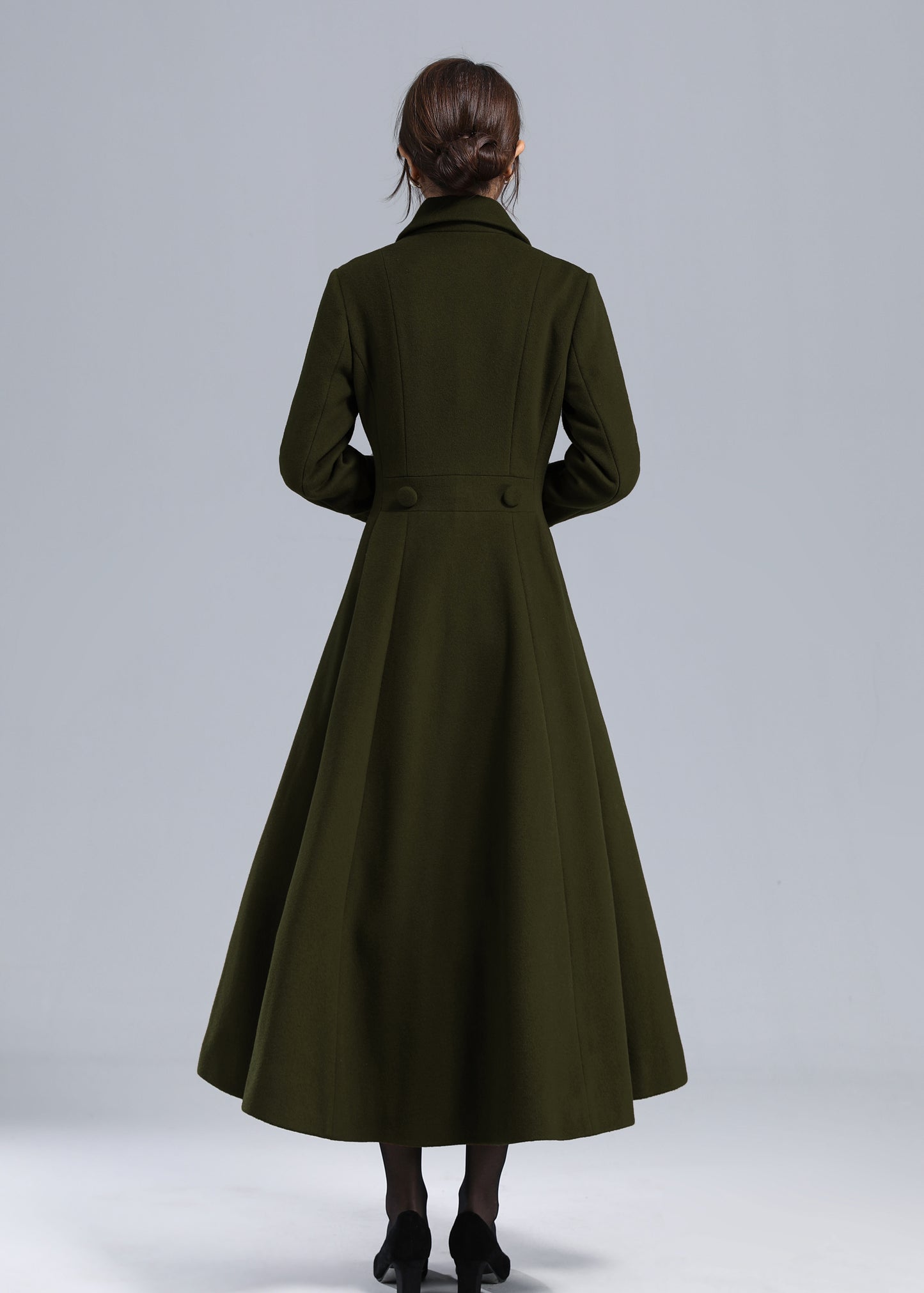 Forest Green Wool Maxi Coat – Vintage Fit and Flare Double Breasted Overcoat 5497