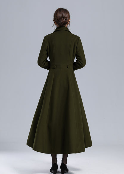 Forest Green Wool Maxi Coat – Vintage Fit and Flare Double Breasted Overcoat 5497