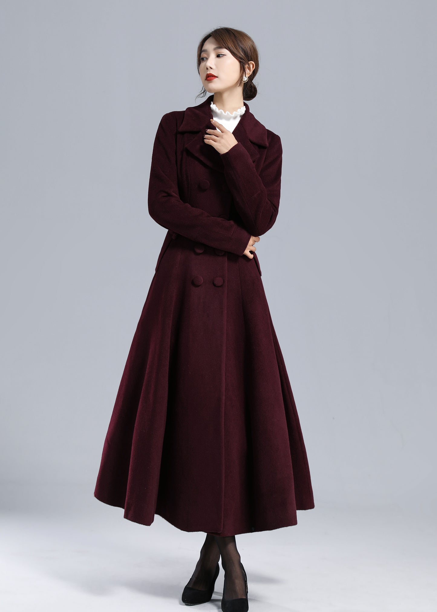Burgundy wool coat, 1950s Long Wool Princess Coat 3239