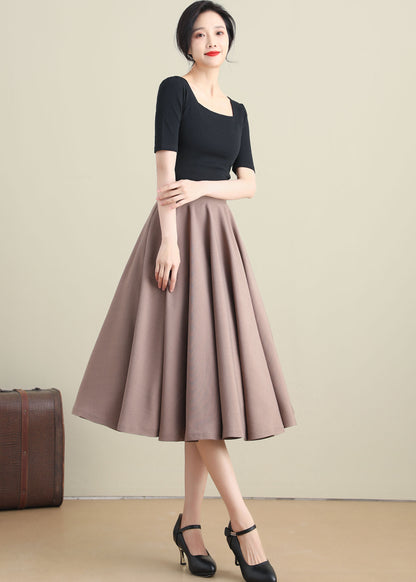 Khaki Cotton Linen High Waist Midi Skirt - Circle Pockets | Xiaolizi 3281