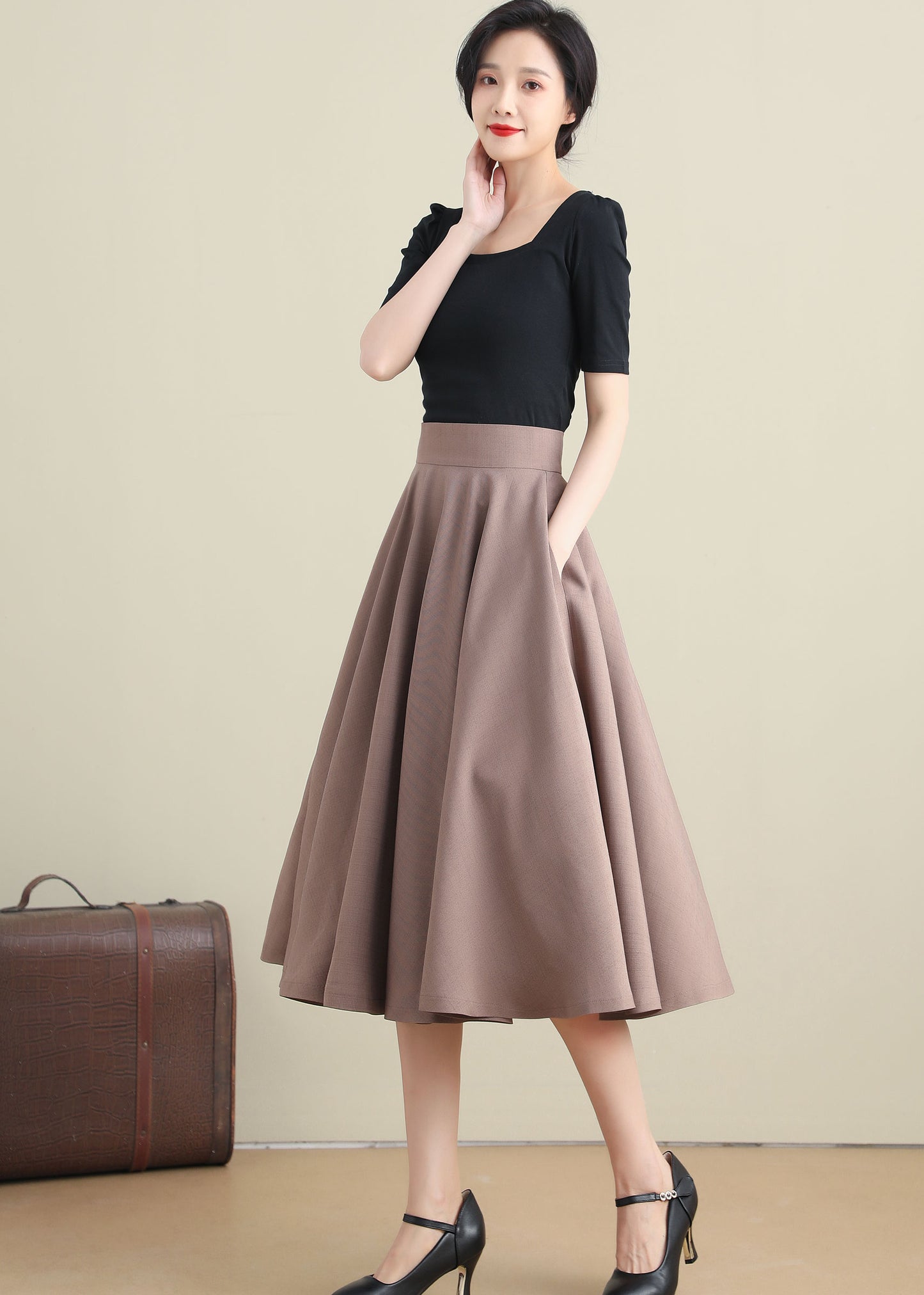 Khaki Cotton Linen High Waist Midi Skirt - Circle Pockets | Xiaolizi 3281