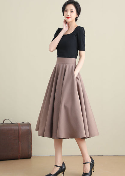 Khaki Cotton Linen High Waist Midi Skirt - Circle Pockets | Xiaolizi 3281