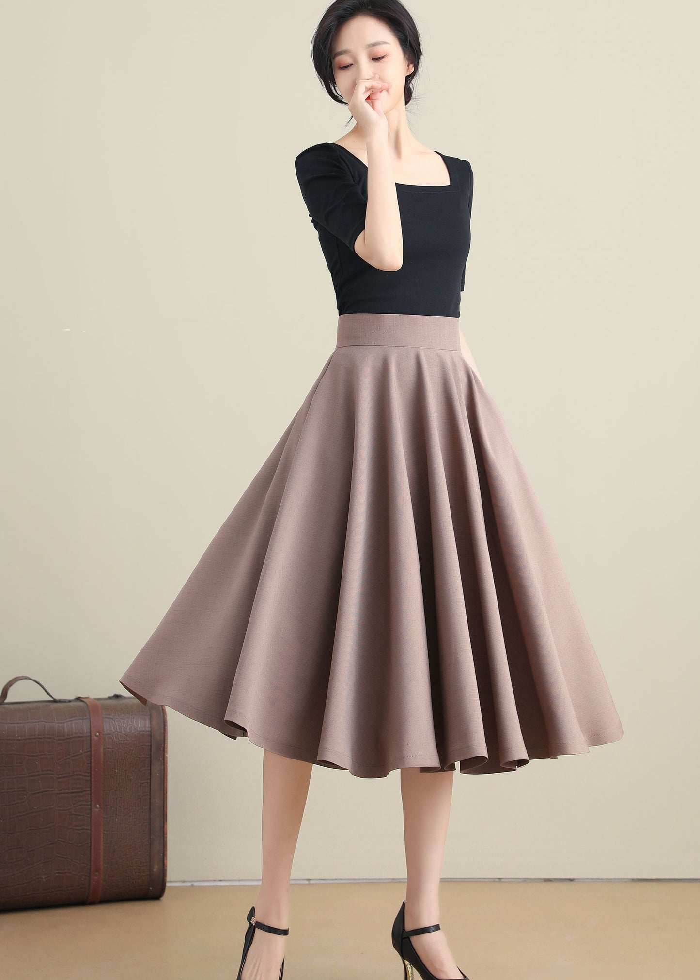 Khaki Cotton Linen High Waist Midi Skirt - Circle Pockets | Xiaolizi 3281