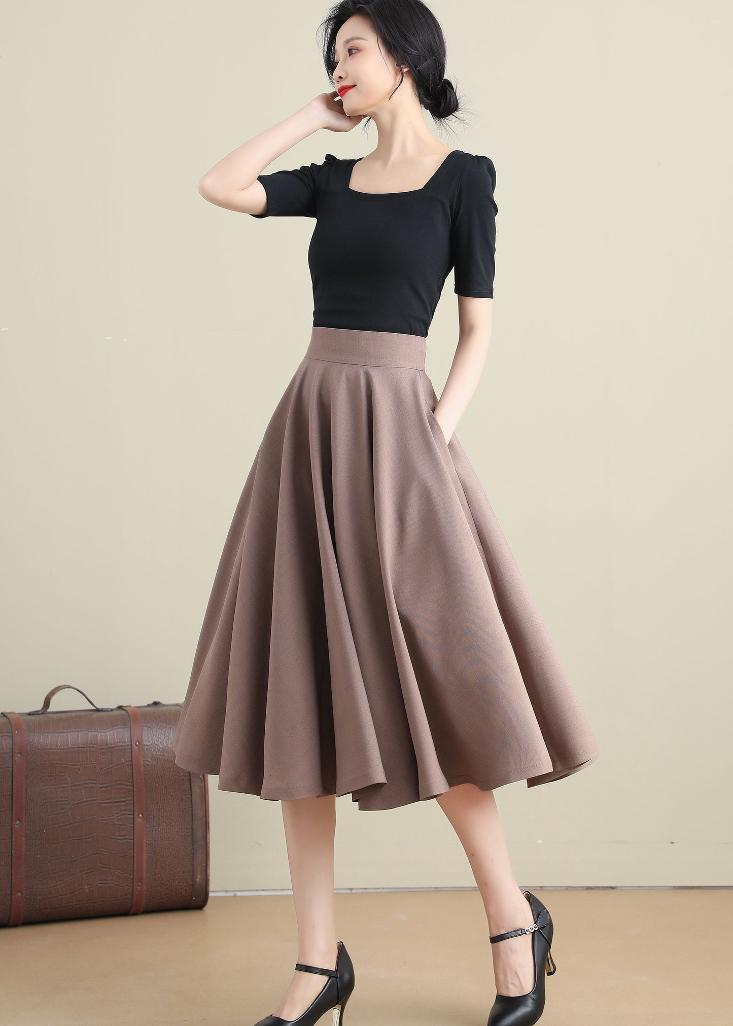 Khaki Cotton Linen High Waist Midi Skirt - Circle Pockets | Xiaolizi 3281