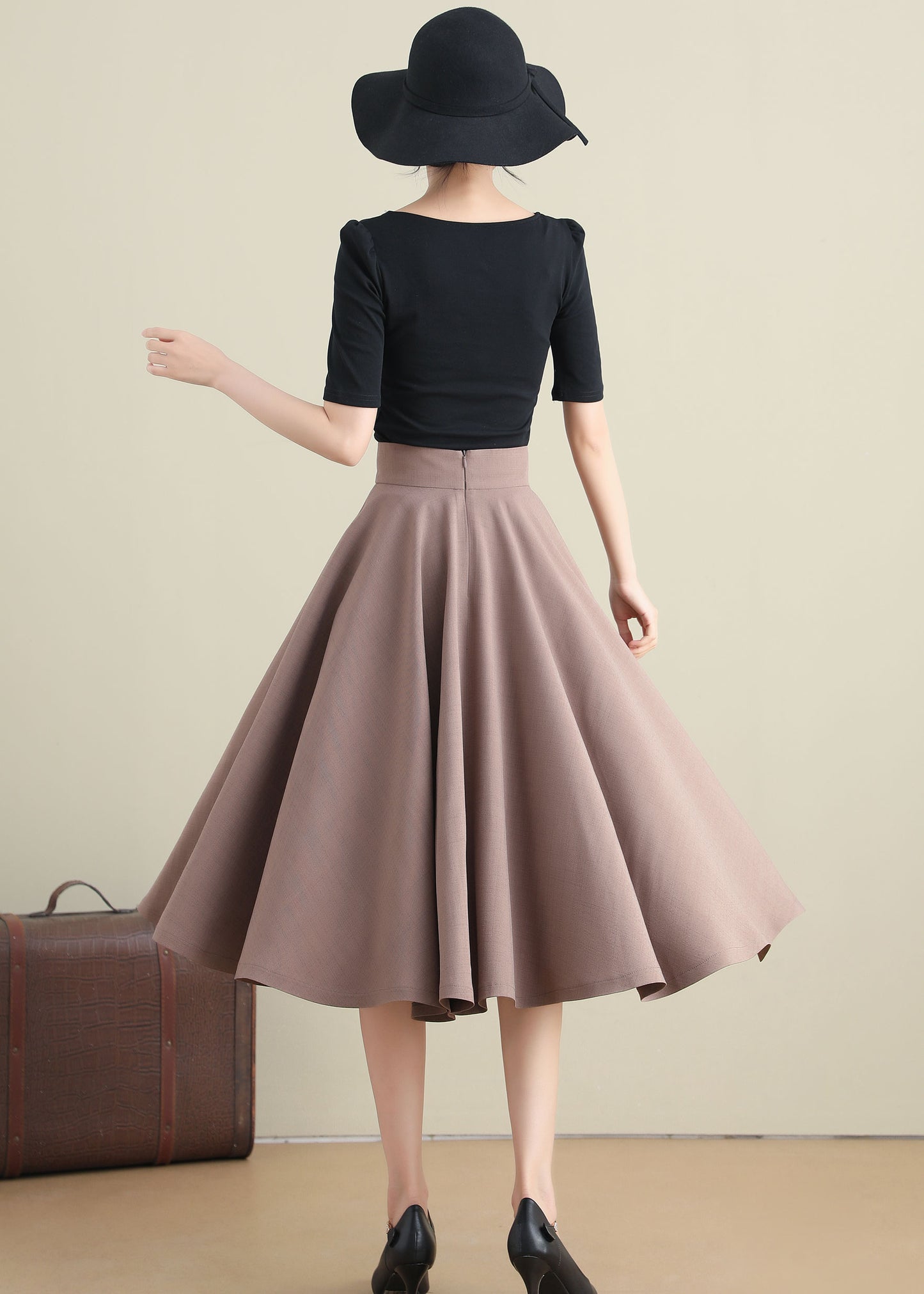 Khaki Cotton Linen High Waist Midi Skirt - Circle Pockets | Xiaolizi 3281