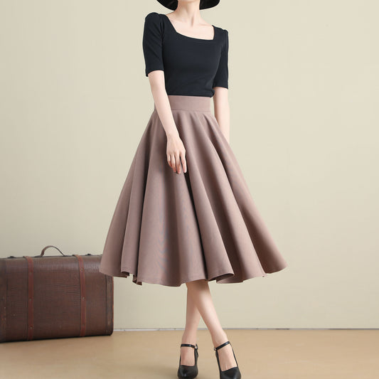 Khaki Cotton Linen High Waist Midi Skirt - Circle Pockets | Xiaolizi 3281