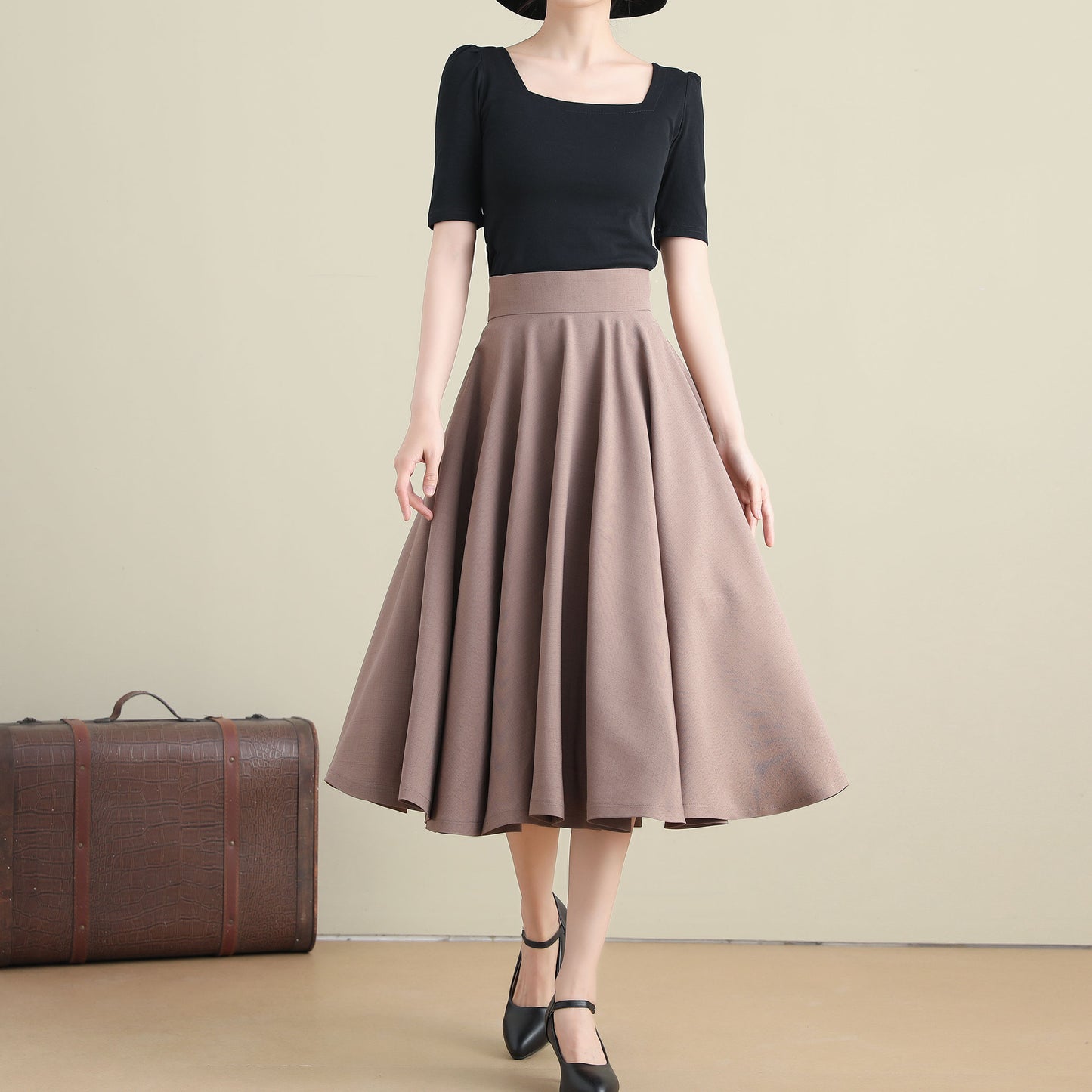 Khaki Cotton Linen High Waist Midi Skirt - Circle Pockets | Xiaolizi 3281