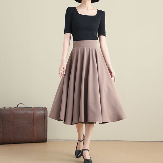 Khaki Cotton Linen High Waist Midi Skirt - Circle Pockets | Xiaolizi 3281
