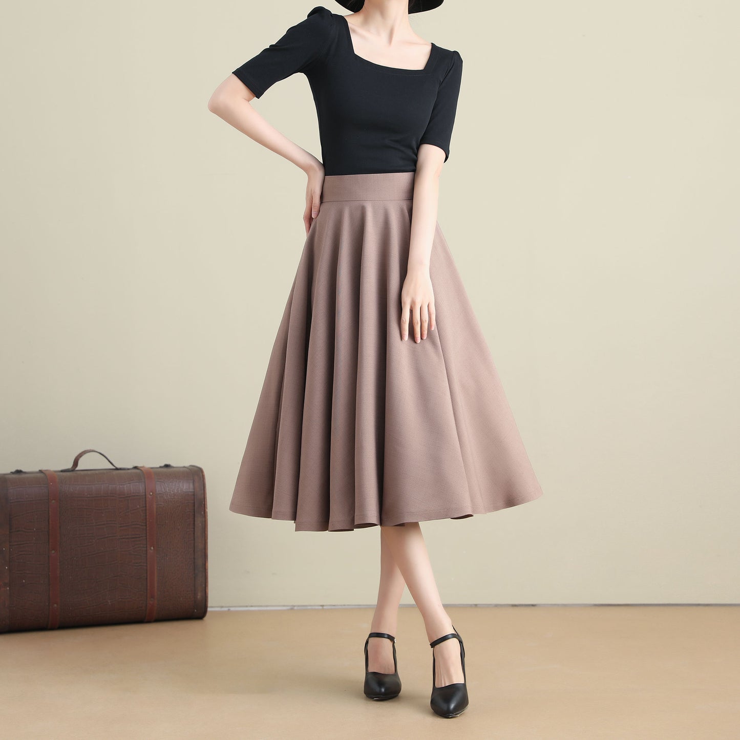 Khaki Cotton Linen High Waist Midi Skirt - Circle Pockets | Xiaolizi 3281
