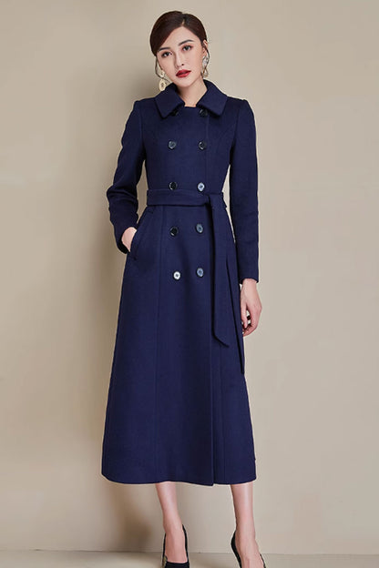 Navy Wool Long Coat - Double Breasted, Belted Elegance 4688