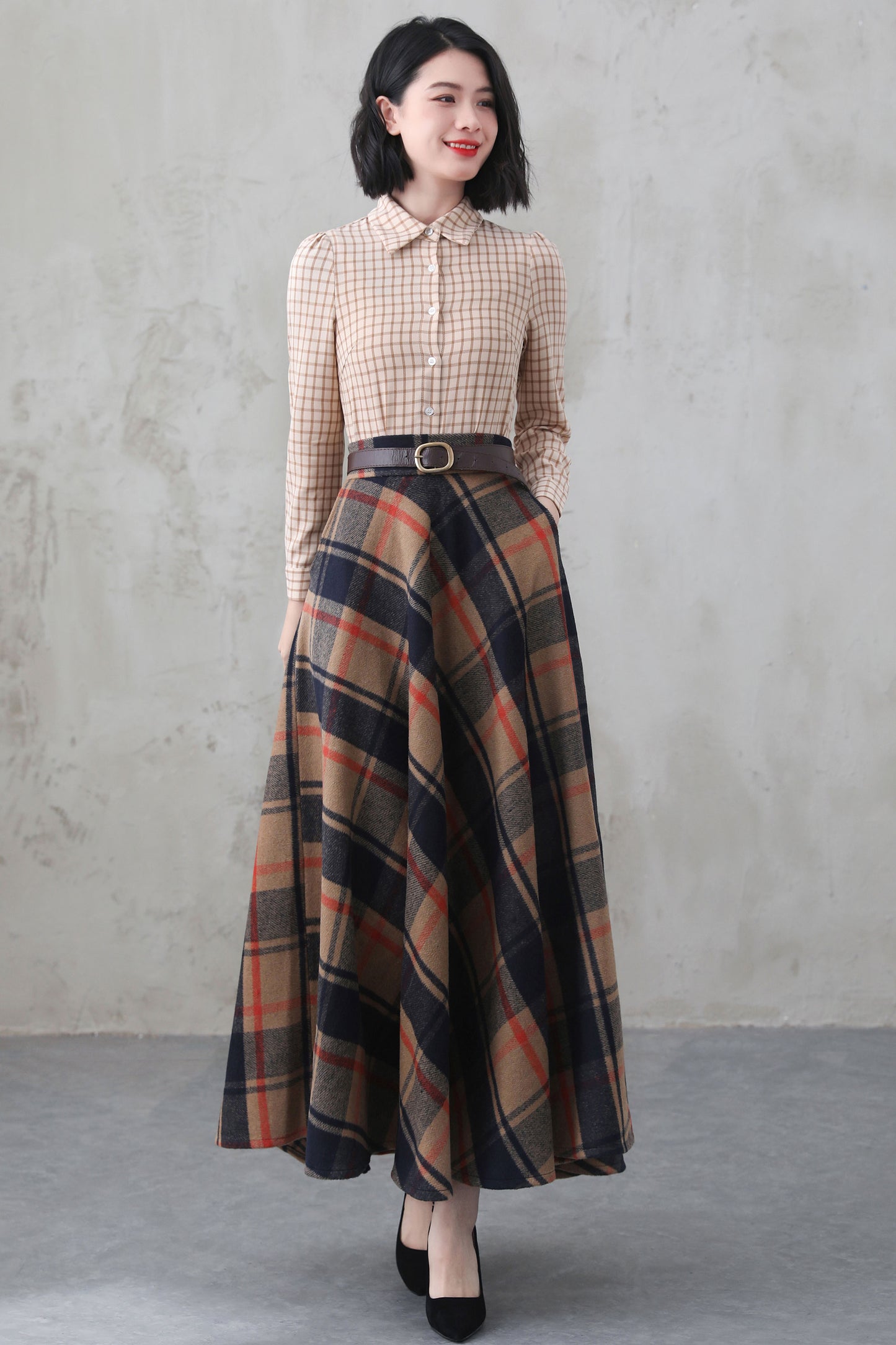 Handmade Women's Vintage Plaid Wool Long Skirt - Winter High Waist 5275