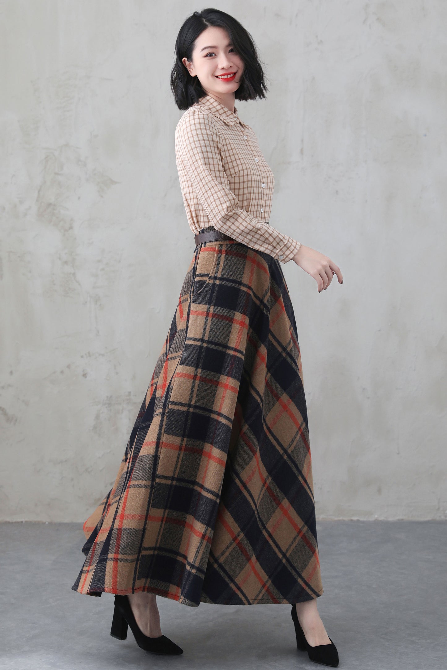 Handmade Women's Vintage Plaid Wool Long Skirt - Winter High Waist 5275