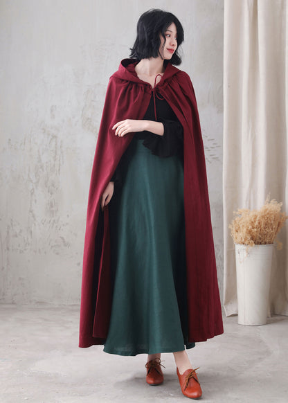 Red Linen Hooded Cloak – Handmade Vintage Cape with Influencer Picks 3288