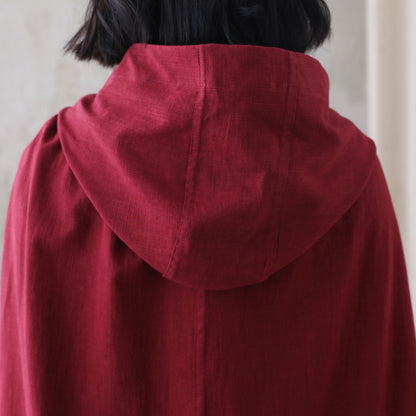 Red Linen Hooded Cloak – Handmade Vintage Cape with Influencer Picks 3288
