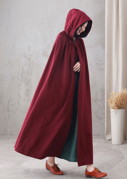 Red Linen Hooded Cloak – Handmade Vintage Cape with Influencer Picks 3288
