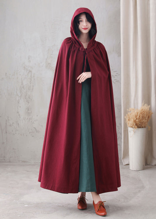 Red Linen Hooded Cloak – Handmade Vintage Cape with Influencer Picks 3288