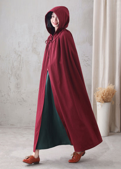 Red Linen Hooded Cloak – Handmade Vintage Cape with Influencer Picks 3288