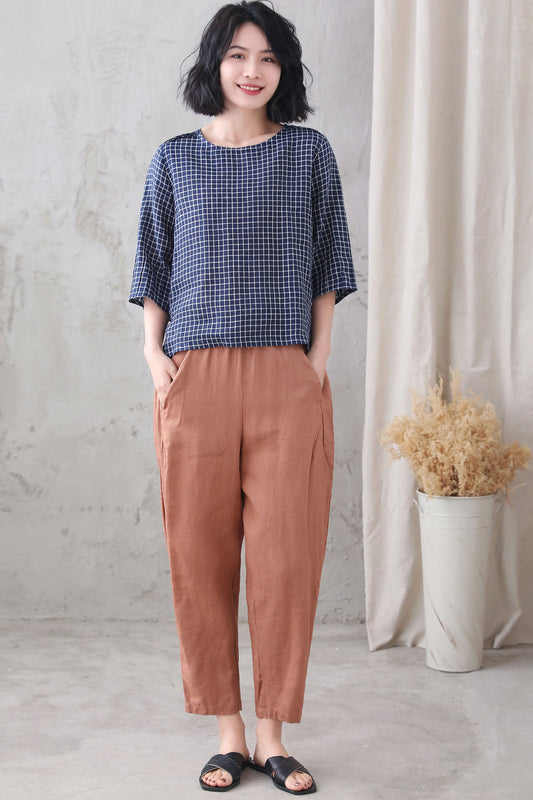 Blue Checked linen blouse 3336#, Size S CK2200419