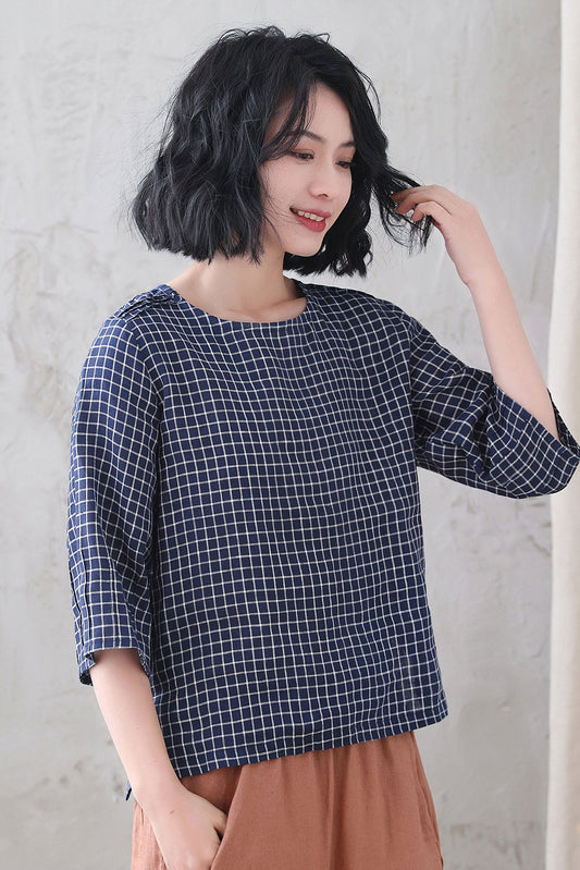 Blue Checked linen blouse 3336#, Size S CK2200419