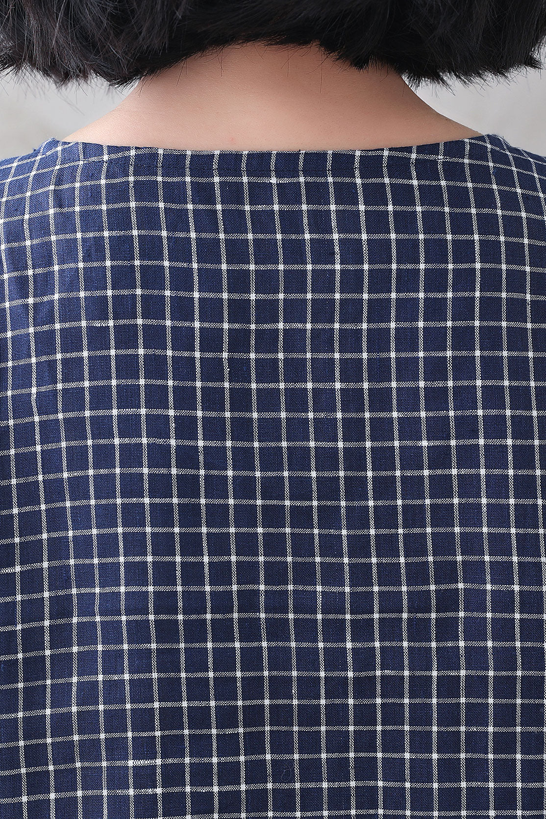 Blue Checked linen blouse 3336#, Size S CK2200419