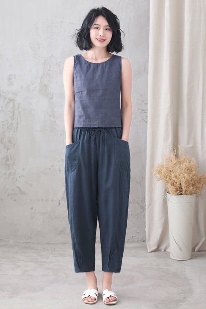 Blue Checked linen Tank Top 3338,Size XS #CK2200253