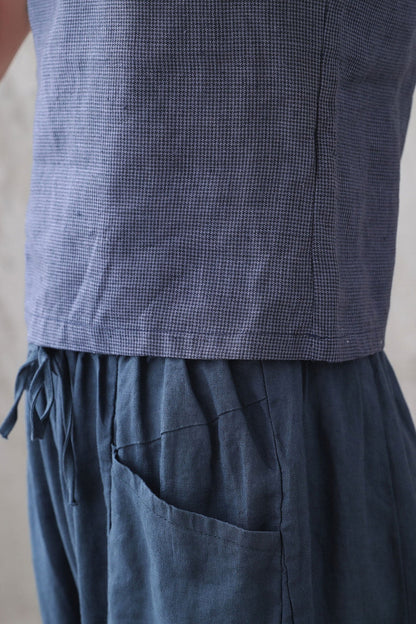 Blue Checked linen Tank Top 3338,Size XS #CK2200253